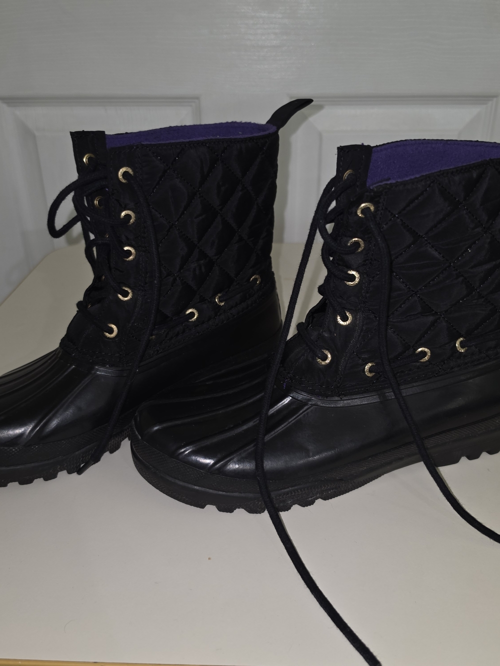 Sperry Black Quilted Lace-Up Winter Duck Boots with Purple Lining - Picture 5 of 10